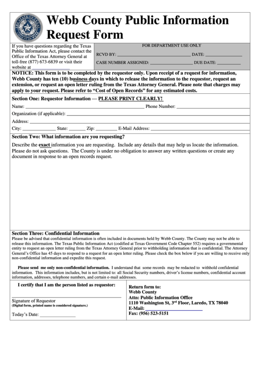 Fillable Webb County Public Information Request Form Printable pdf