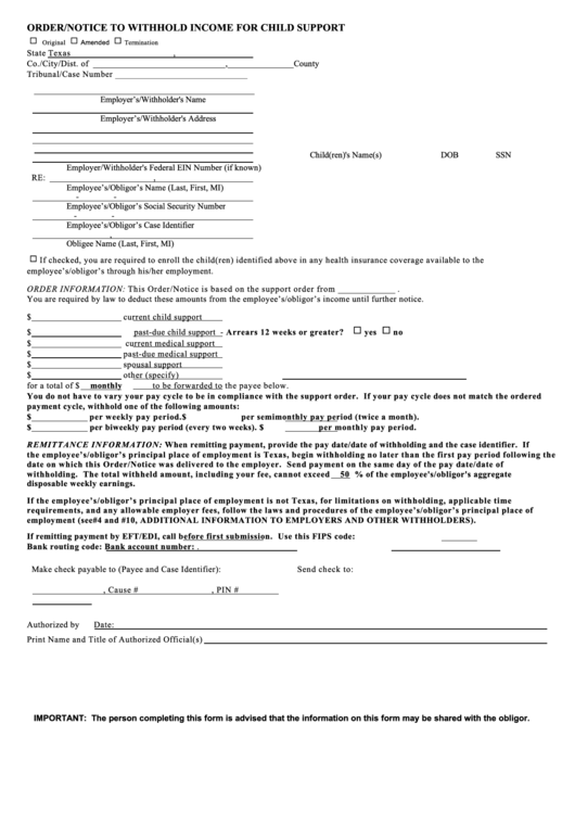 Order Notice To Withhold Income For Child Support Printable pdf