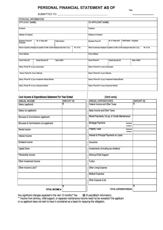 Personal Financial Statement Template Printable pdf