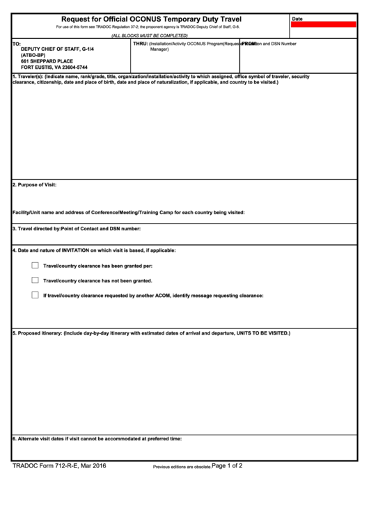 Fillable Tradoc Form 712-R-E - Request For Official Oconus Temporary Duty Travel Printable pdf