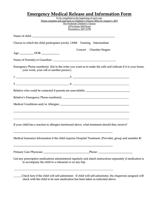 Emergency Medical Release And Information Form Printable pdf