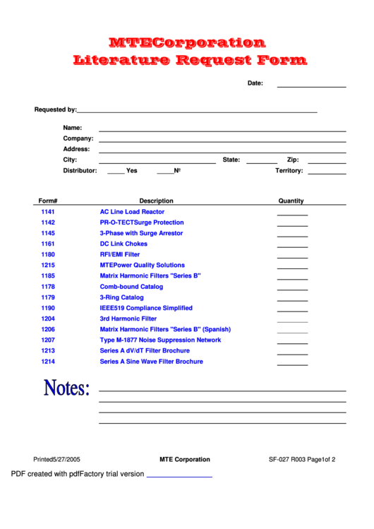 Literature Request Form Printable pdf