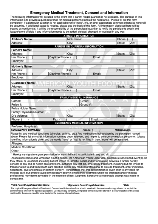 Emergency Medical Treatment Consent And Information Template Printable pdf