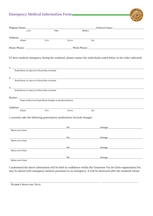 Emergency Medical Information Form Printable pdf