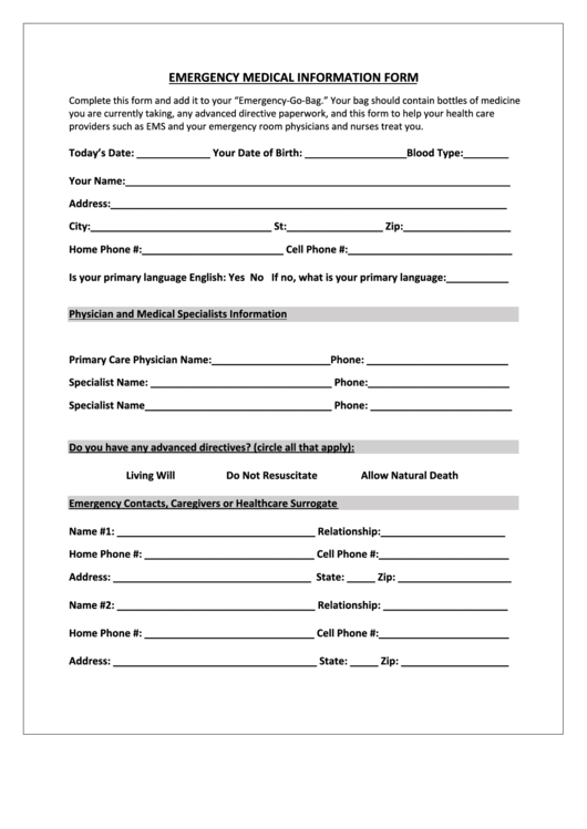 Emergency Medical Information Form Printable Pdf Download