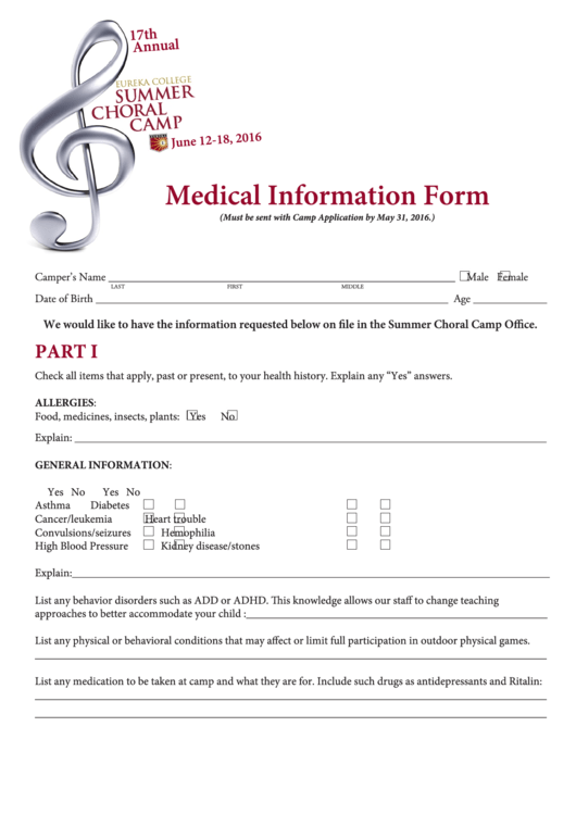 Medical Information Form Eureka College Printable pdf