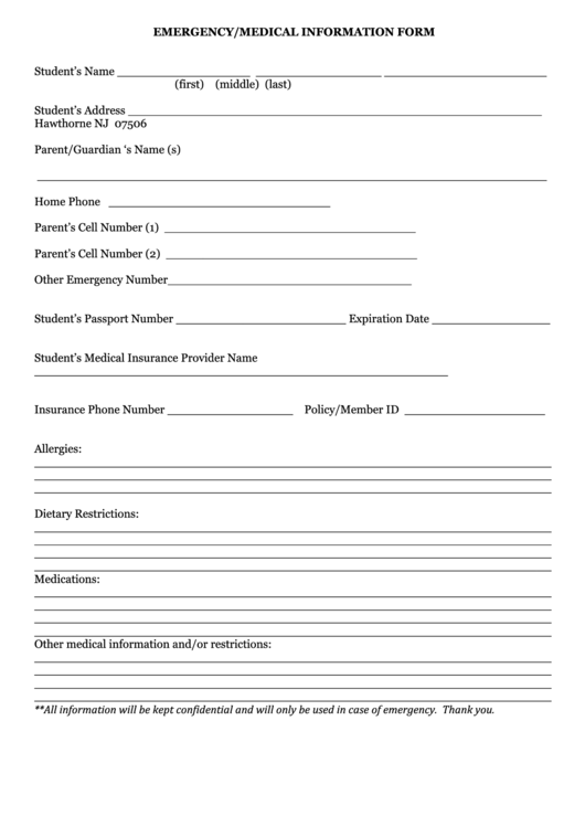 Emergency Medical Information Form Students Name Printable pdf