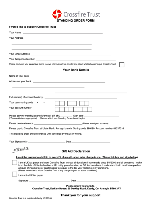 Standing Order Form Your Bank Details Gift Aid Declaration Printable pdf