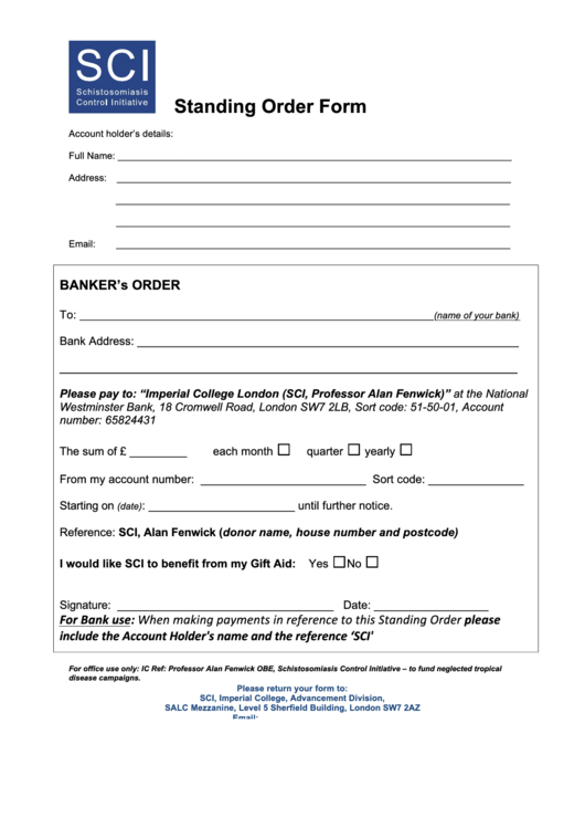 Fillable Standing Order Form - Imperial College London Printable pdf