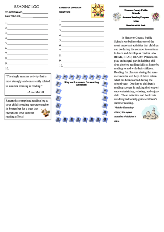 Rising 2nd And 3rd Grade Summer Reading Log Template Printable pdf