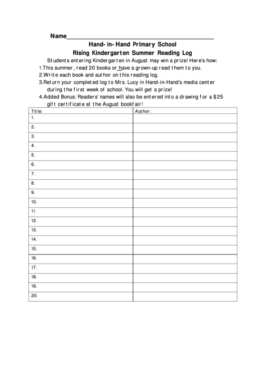 Kindergarten Summer Reading Log Printable pdf