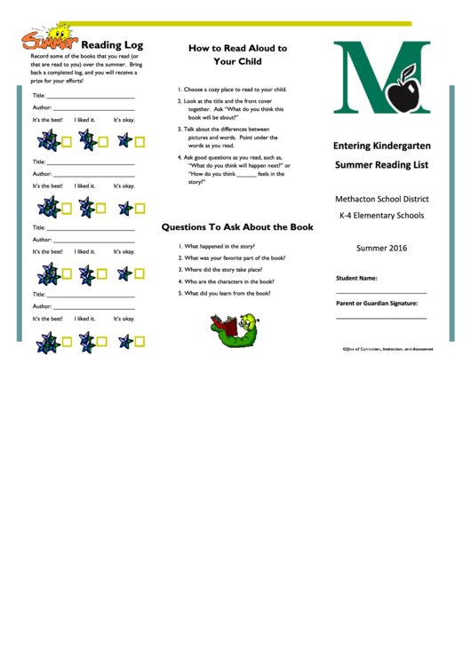 Entering Kindergarten Summer Reading List Template Printable pdf