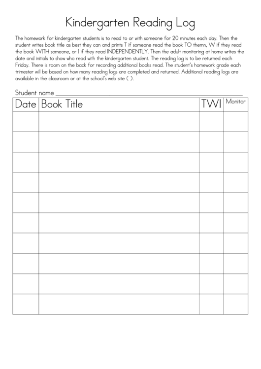 Kindergarten Reading Log Printable pdf