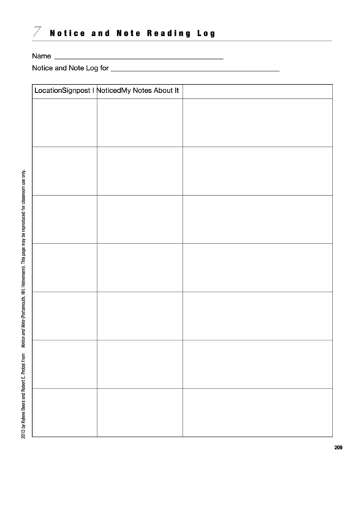 Notice And Note Reading Log Printable pdf
