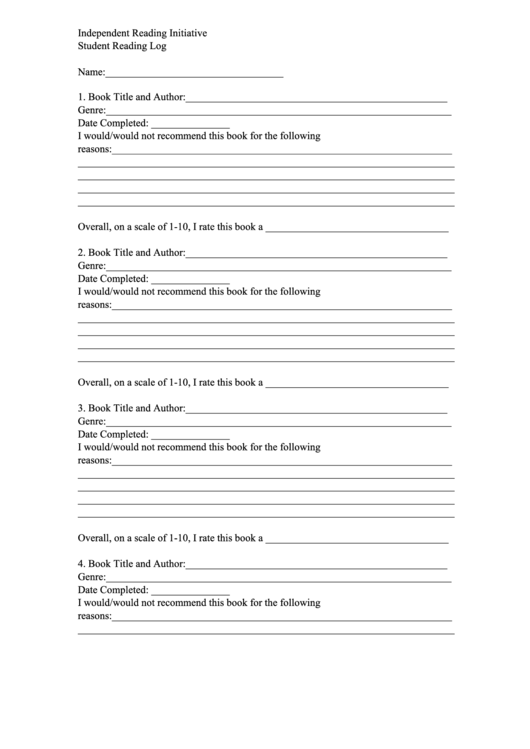 Independent Reading Initiative Student Reading Log Printable pdf
