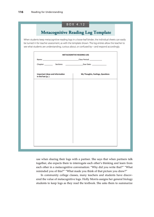 Metacognitive Reading Log Template Printable pdf