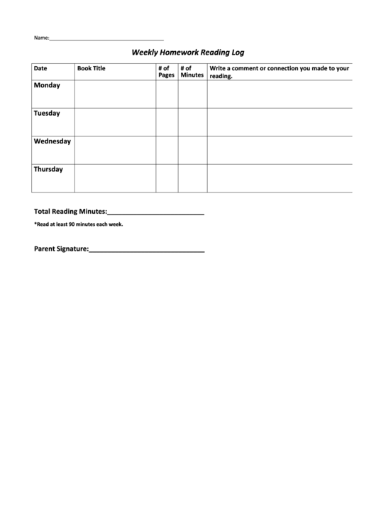 Weekly Homework Reading Log Template - 90 Minutes Printable pdf