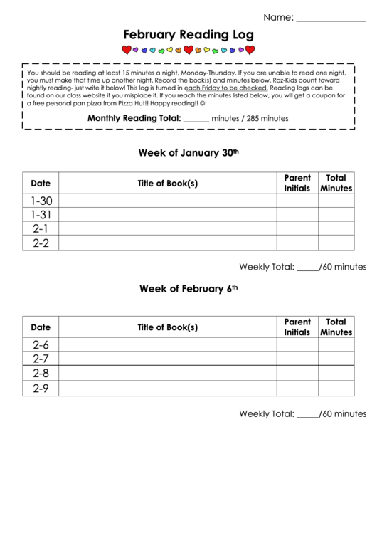 February Reading Log Template Printable pdf