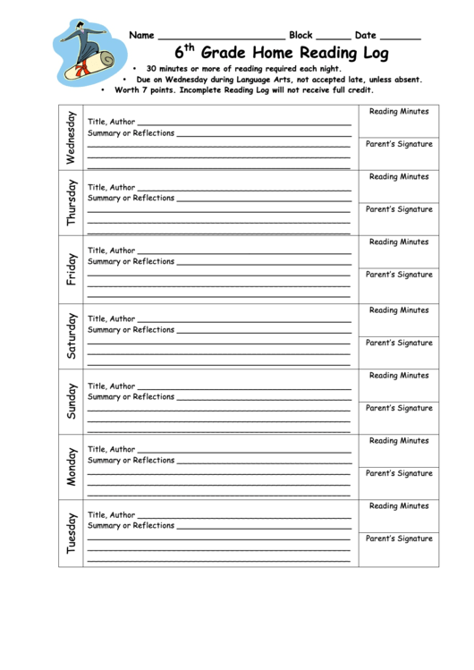 6th Grade Home Reading Log Printable pdf