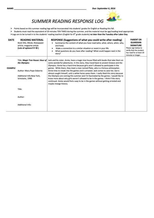 Summer Reading Response Log Printable pdf