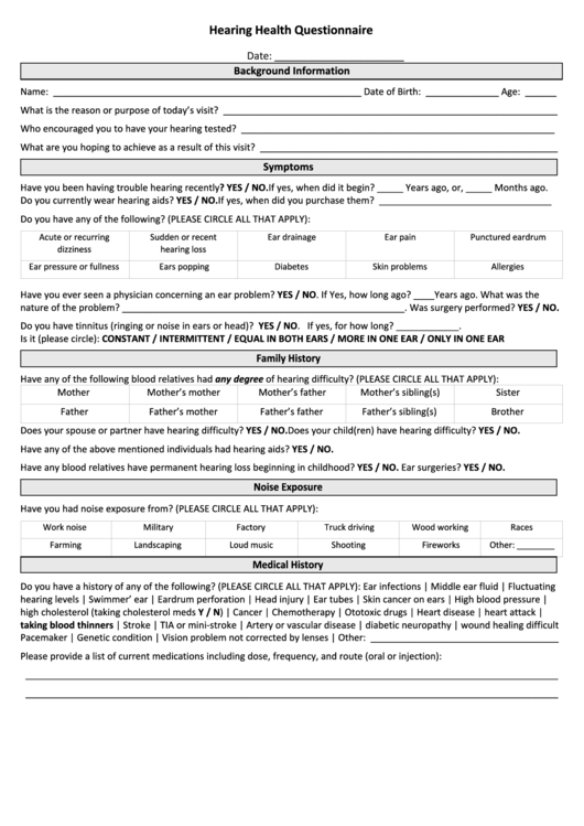 Hearing Health Questionnaire Printable pdf
