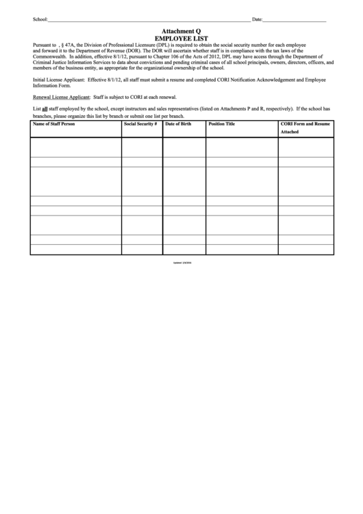 Employee List Form Printable pdf