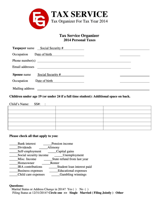 Tax Service Organizer Template For 2014 Personal Taxes Printable pdf