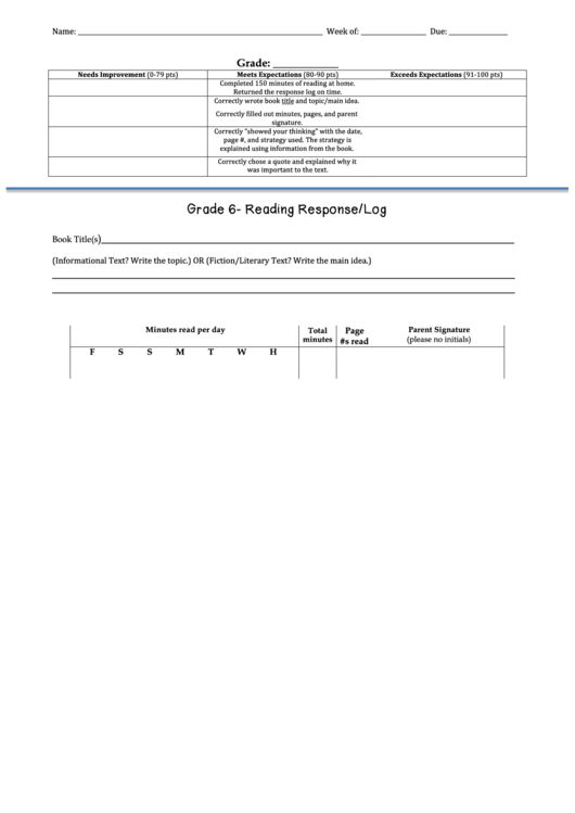 Grade 6 - Reading Response/log Printable pdf