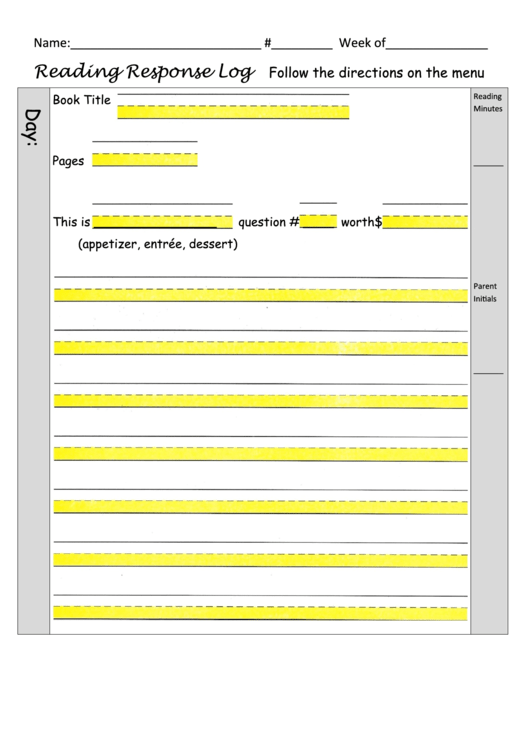 Reader Response Log Printable pdf