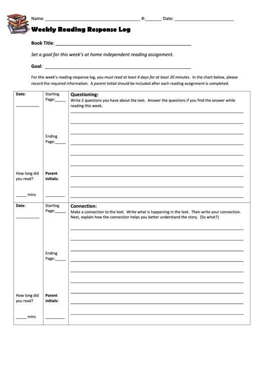 Weekly Reading Response Log Printable pdf