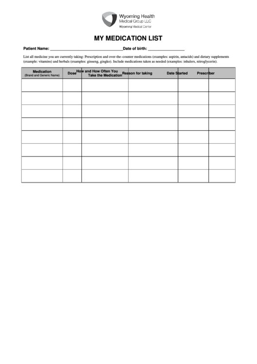 My Medication List Printable pdf