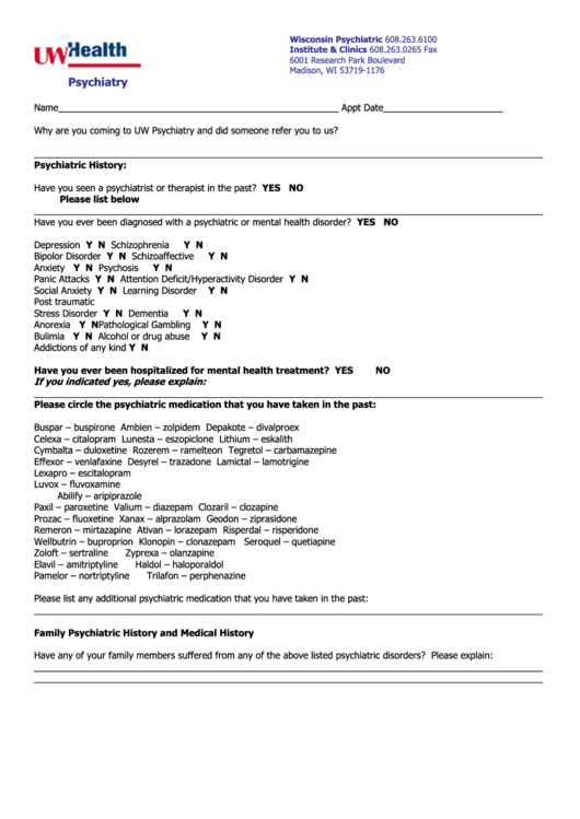 Psychiatric History Printable pdf