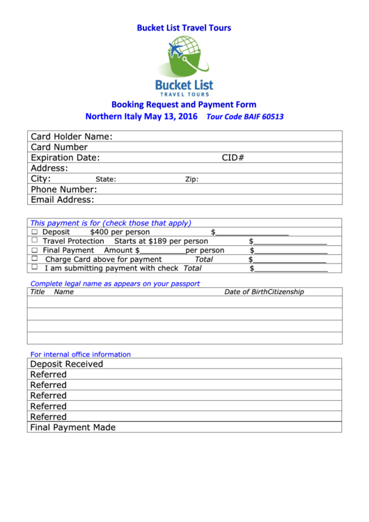 Booking Request And Payment Form Printable pdf