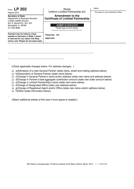 Form Lp 202 - Amendment To The Certificate Of Limited Partnership Printable pdf