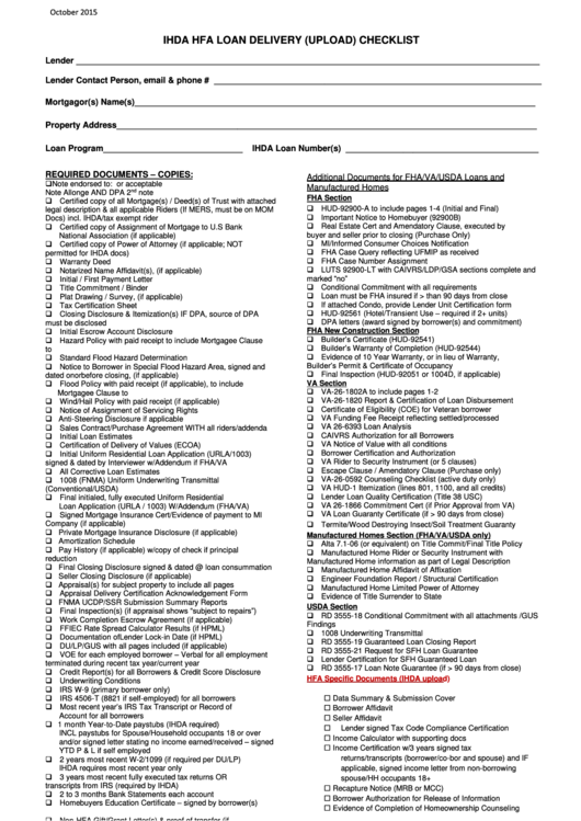 Fillable Ihda Hfa Loan Delivery (Upload) Checklist Printable pdf