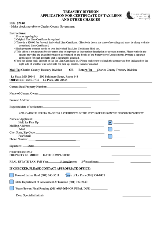 Fillable Application For Certificate Of Tax Liens - Charles County Printable pdf