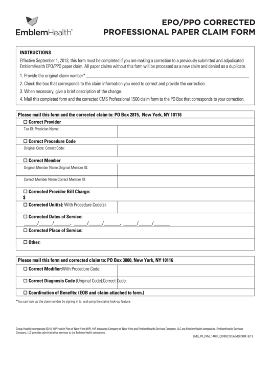 Epo/ppo Corrected Professional Paper Claim Form - Emblem Health Printable pdf
