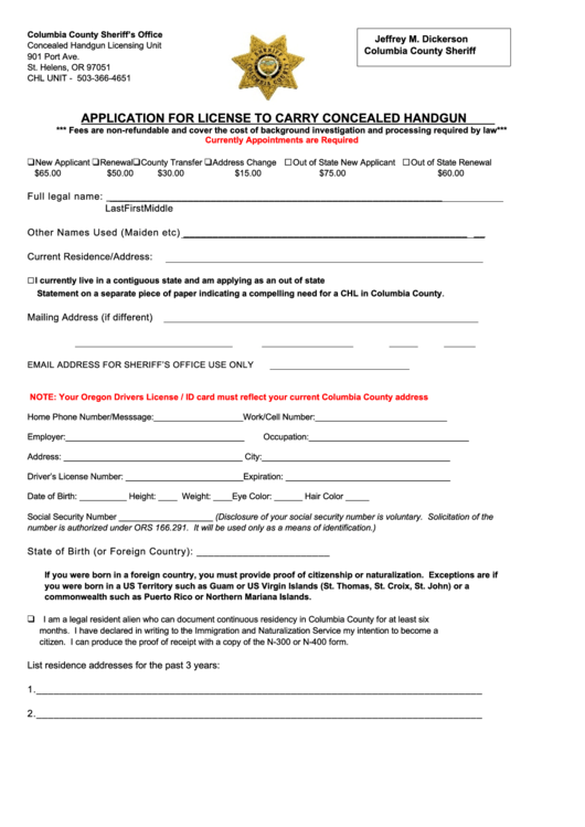 Application For License To Carry Concealed Handgun Printable Pdf Download