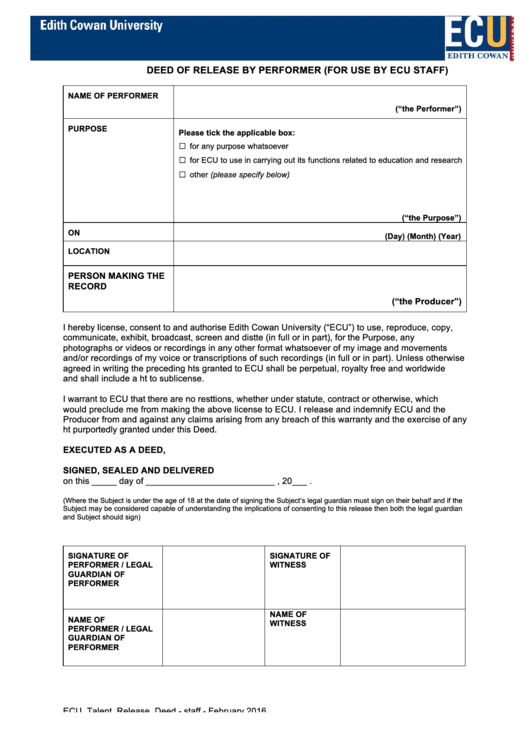 Talent Release Form Printable pdf