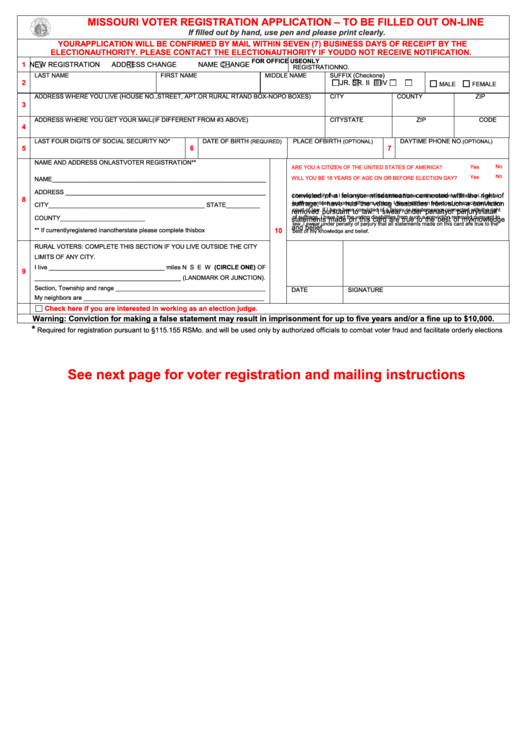 Fillable Missouri Voter Registration Application - St Louis County Printable pdf