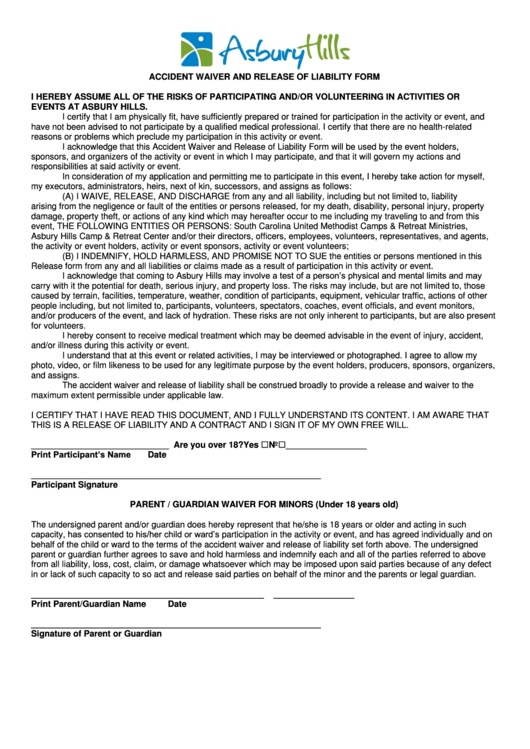 Asbury Hills Release Form - Asbury Hills Printable pdf