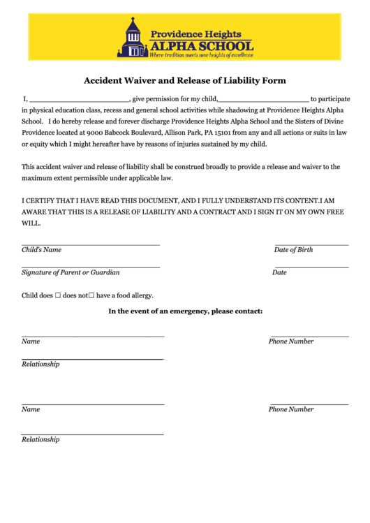 Accident Waiver And Release Of Liability Form Providence Heights Printable pdf