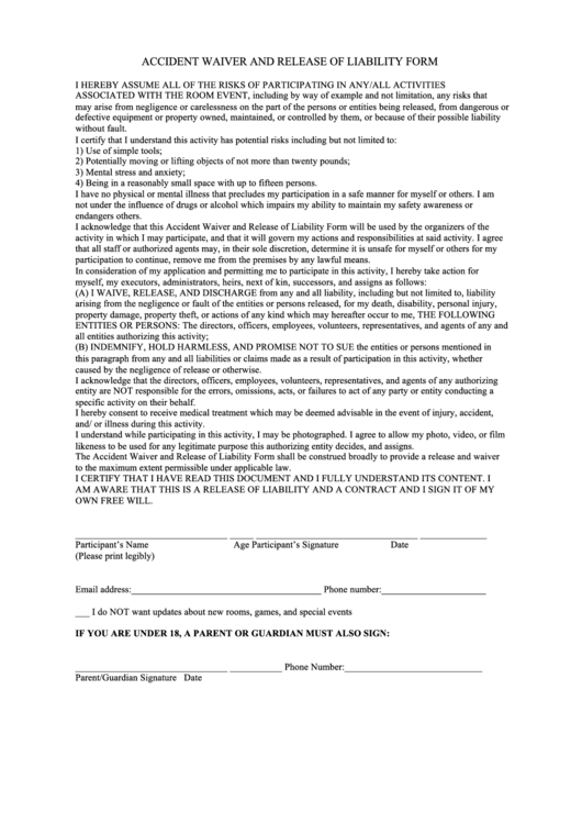 Accident Waiver And Release Of Liability Form Printable pdf