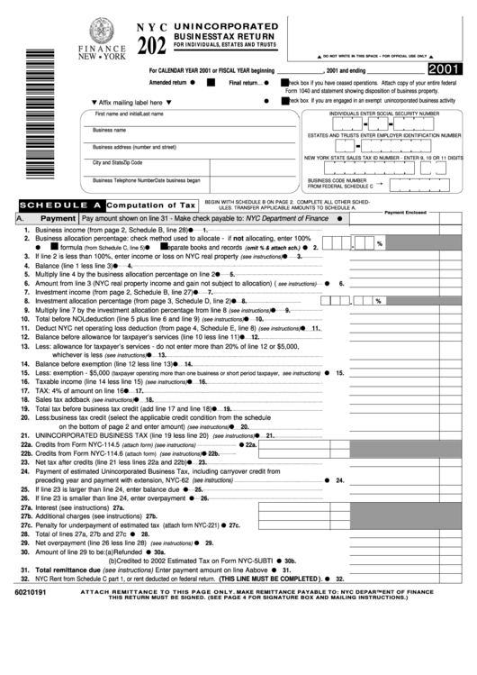 Fillable Form Nyc-202 - Unincorporated Business Tax Return For Individuals, Estates And Trusts - 2001 Printable pdf