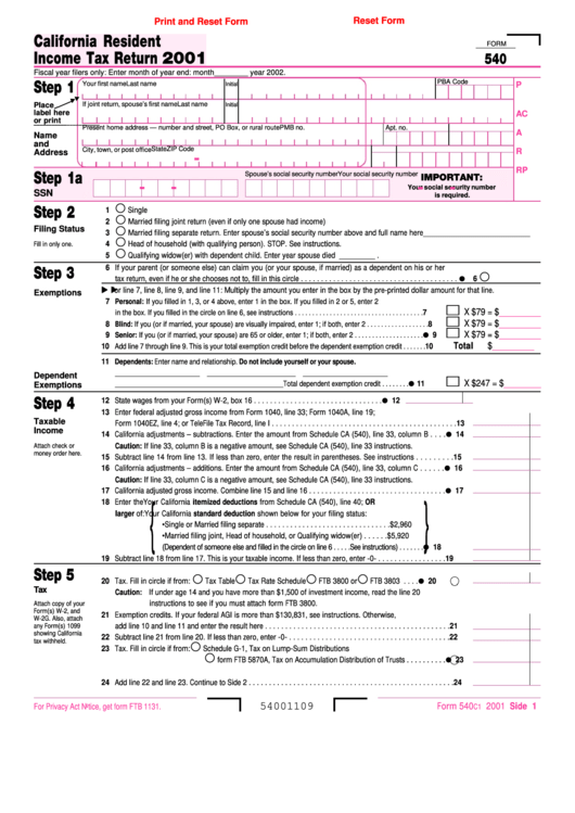 Fillable Form 540 - California Resident Income Tax Return - 2001 Printable pdf