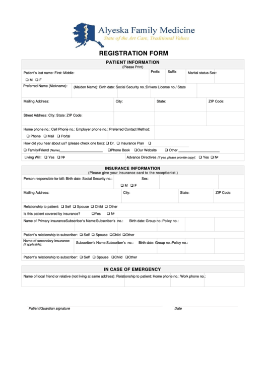Fillable New Patient Information Alyeska Family Medicine Printable pdf