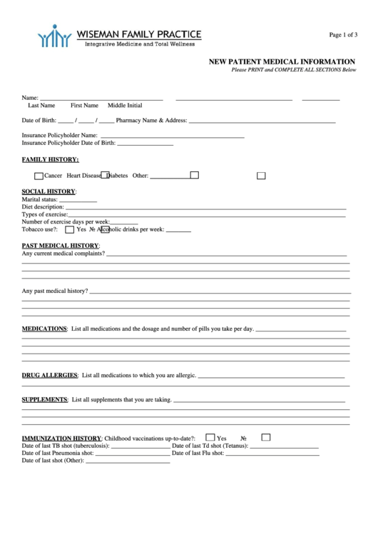 New Patient Medical Information Printable pdf