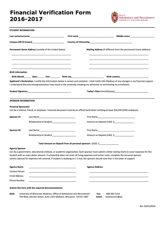 Financial Verification Form Office Of Admissions And Recruitment Printable pdf