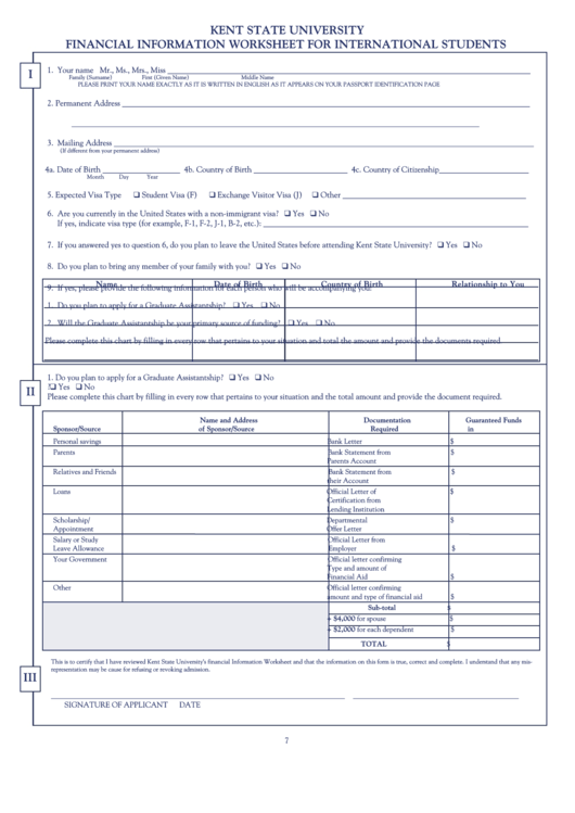 Kent State University Financial Worksheet Printable pdf