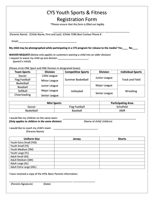 Cys Youth Sports Fitness Registration Form Printable pdf